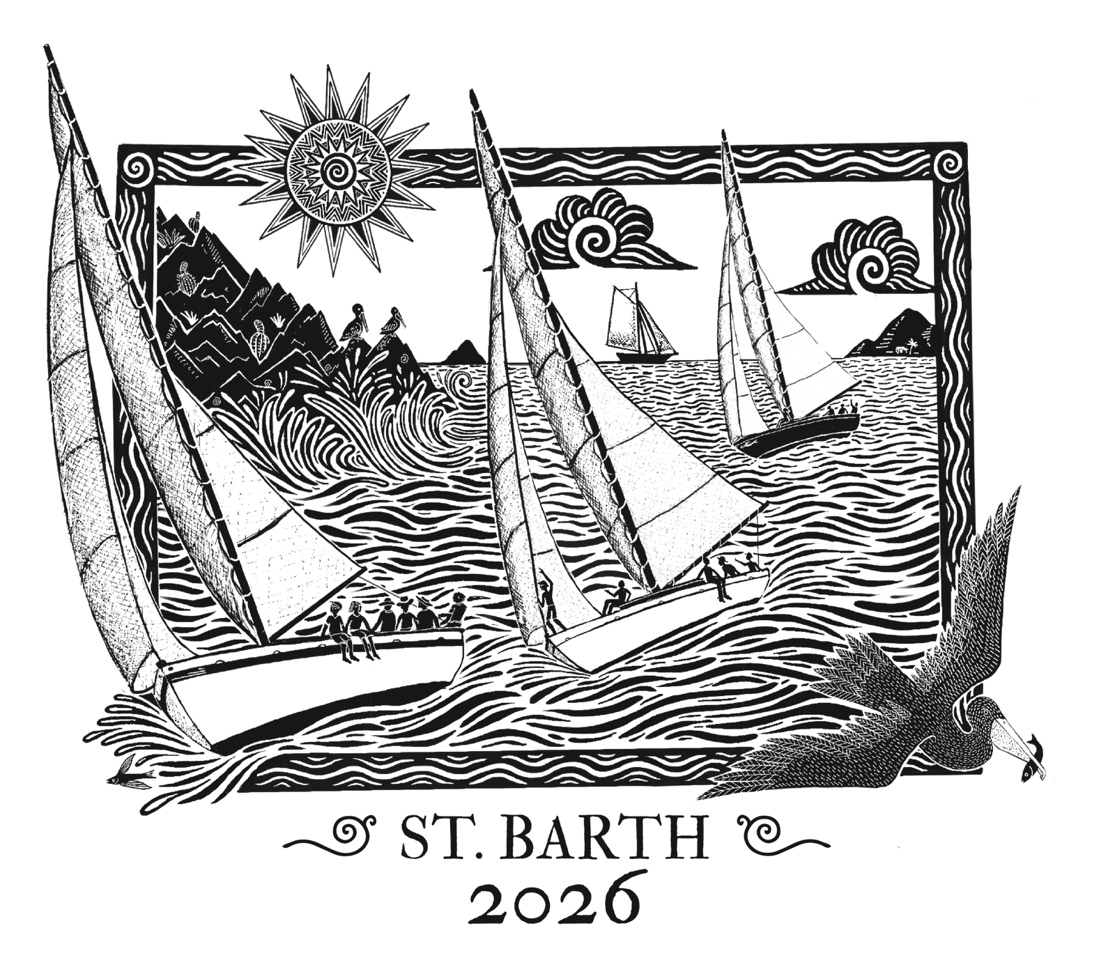 Logo de la West Indies Regatta Festival 2026 dessiné par Aragorn Dick-Read : deux sloops de Carriacou sous voiles gravés au trait, encadrés d’un soleil à motifs kalinagos et d’une frégate