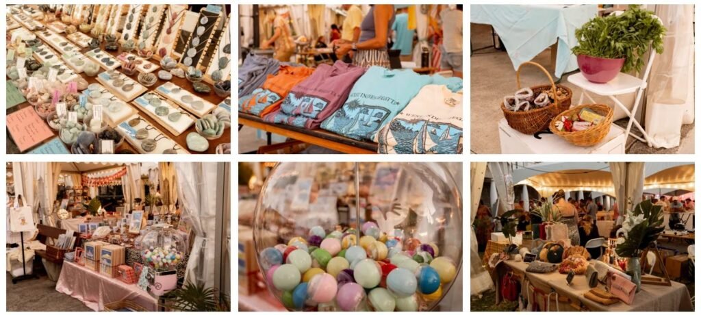 Étals du marché artisanal de la West Indies Regatta : bijoux, t-shirts, produits locaux
