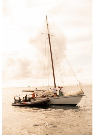 Summer Cloud, voiles ferlées, remorqué par un semi-rigide à l’approche du port de Saint-Barthélemy, faute de moteur à bord