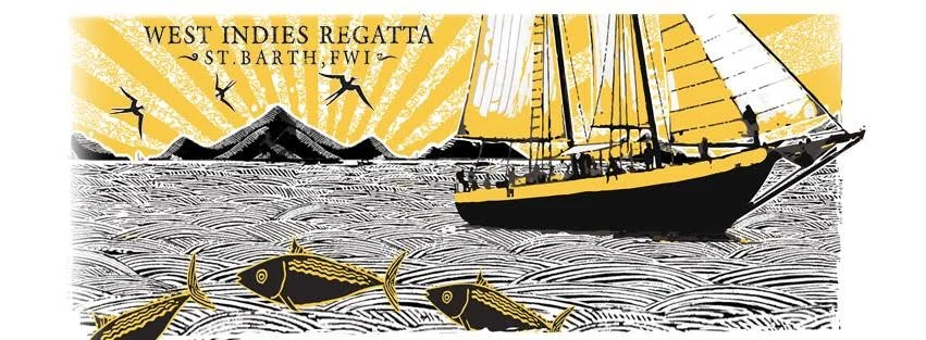 Bandeau 2015 de la West Indies Regatta St Barth : une goélette sous voiles devant un soleil jaune gravé, poissons dans les vagues