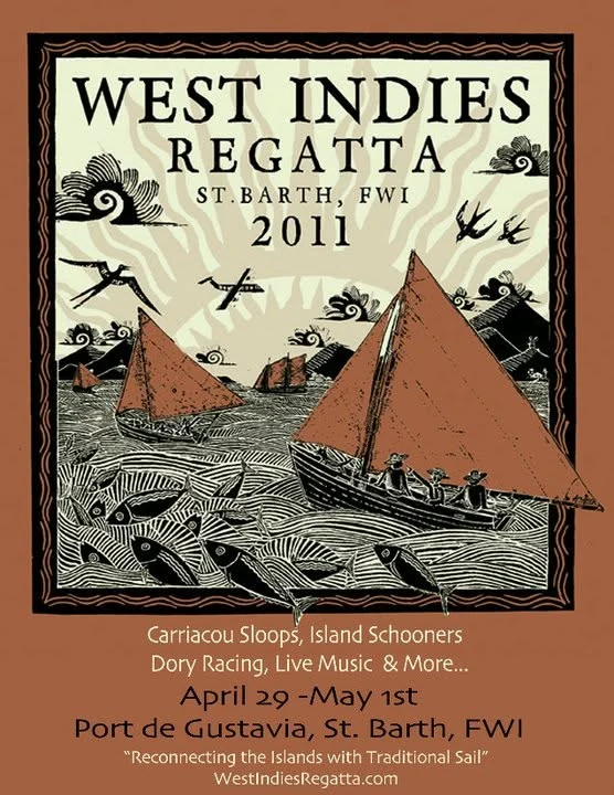 Affiche 2011 de la West Indies Regatta St Barth : sloops aux voiles ocre sur une mer gravée, port de Gustavia, 29 avril au 1er mai