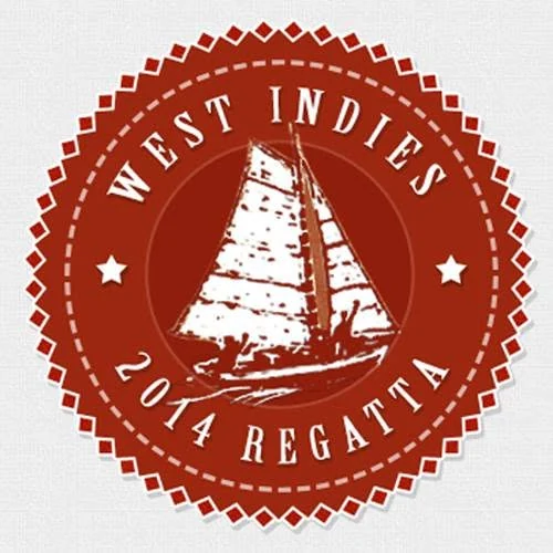 Logo 2014 de la West Indies Regatta : un sloop sous voiles dans un médaillon rond rouge brique