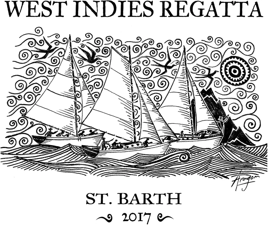 Logo 2017 de la West Indies Regatta St Barth par Aragorn Dick-Read : trois sloops sous voiles sur une mer gravée, ciel de volutes, frégates et soleil à motifs
