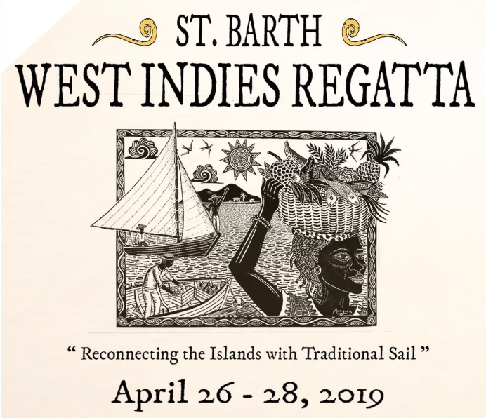 Affiche 2019 de la West Indies Regatta St Barth dessinée par Aragorn Dick-Read : une porteuse de panier de fruits devant un sloop sous voiles