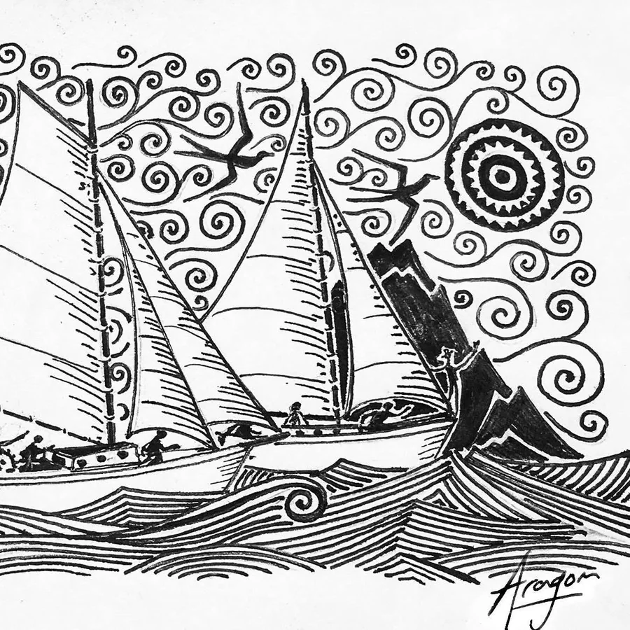Dessin 2022 d’Aragorn Dick-Read pour la West Indies Regatta : deux sloops sous voiles dans une mer de vagues gravées, ciel de volutes, soleil à motifs et frégates