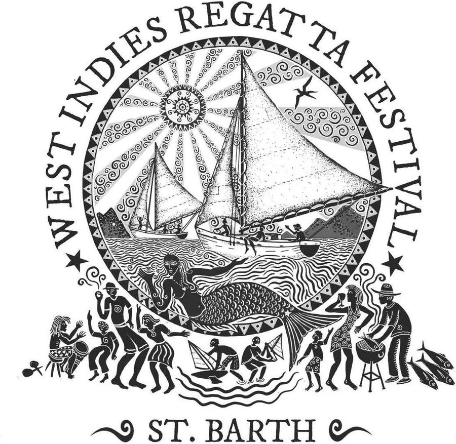 Logo 2023 de la West Indies Regatta Festival St Barth par Aragorn Dick-Read : deux sloops sous voiles dans un médaillon, une sirène, des danseurs et des tambours