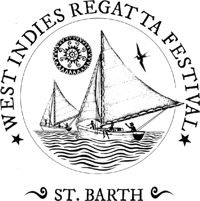 Logo 2025 de la West Indies Regatta Festival St Barth : deux sloops sous voiles, un soleil à motifs kalinagos et une frégate, dessinés au trait par Aragorn Dick-Read