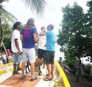 Thierry, Alexis et Callistus s’apprêtent à tuer un mouton sur le bateau