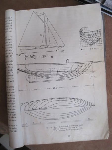 Planche du livre Clean Sweet Wind montrant les plans de formes du sloop Mermaid of Carriacou : profil, sections et lignes d’eau, longueur 44 pieds