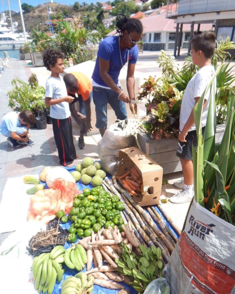 Étal du marché de la West Indies Regatta sur le quai de Gustavia : bananes, ignames, poivrons, cannes à sucre et carottes posés à même la bâche, des enfants et un exposant autour