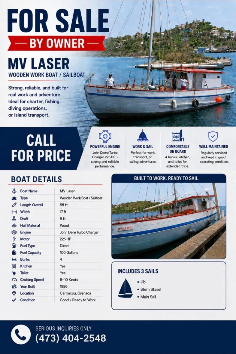 Annonce de vente du MV Laser : bateau de travail en bois à voiles, 58 pieds, construit en 1986, basé à Carriacou
