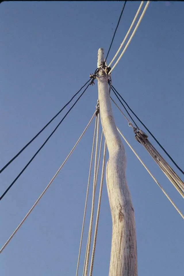 Le mât en bois d’un sloop vu depuis le pont, haubans tendus sur le ciel