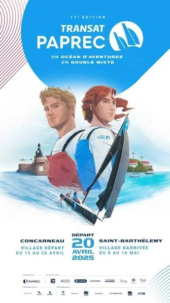 Affiche de la 17e Transat Paprec, départ de Concarneau le 20 avril 2025, arrivée à Saint-Barthélemy