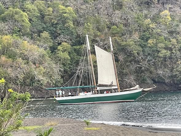 La goélette Scaramouche, coque verte et voile hissée, au mouillage devant une côte boisée